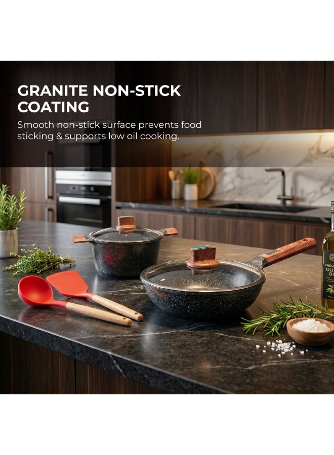 BMN 12 Piece Granite Cookware Set Non Stick Pots and Pans with Lids, Aluminium Casserole 20 24 28 cm, Deep Fry Pan 28 cm, Wok 34 cm, Induction Compatible Cooking Set - Image 4