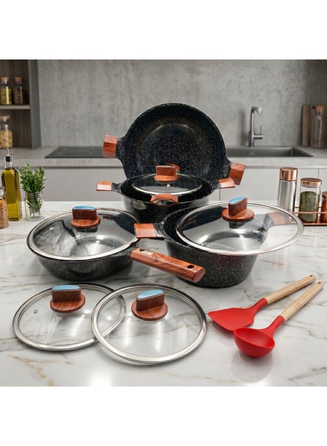 BMN 12 Piece Granite Cookware Set Non Stick Pots and Pans with Lids, Aluminium Casserole 20 24 28 cm, Deep Fry Pan 28 cm, Wok 34 cm, Induction Compatible Cooking Set - Image 5