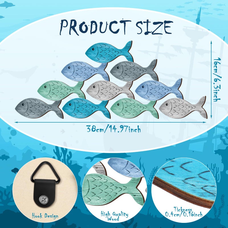 Qunclay Beach Wall Decor Wooden Coastal Fish Sign Ocean Themed Beach Decor School of Fish Art for Bathroom Home Indoor Outdoor 14.96 x 6.3 Inch(Lively) - Image 2