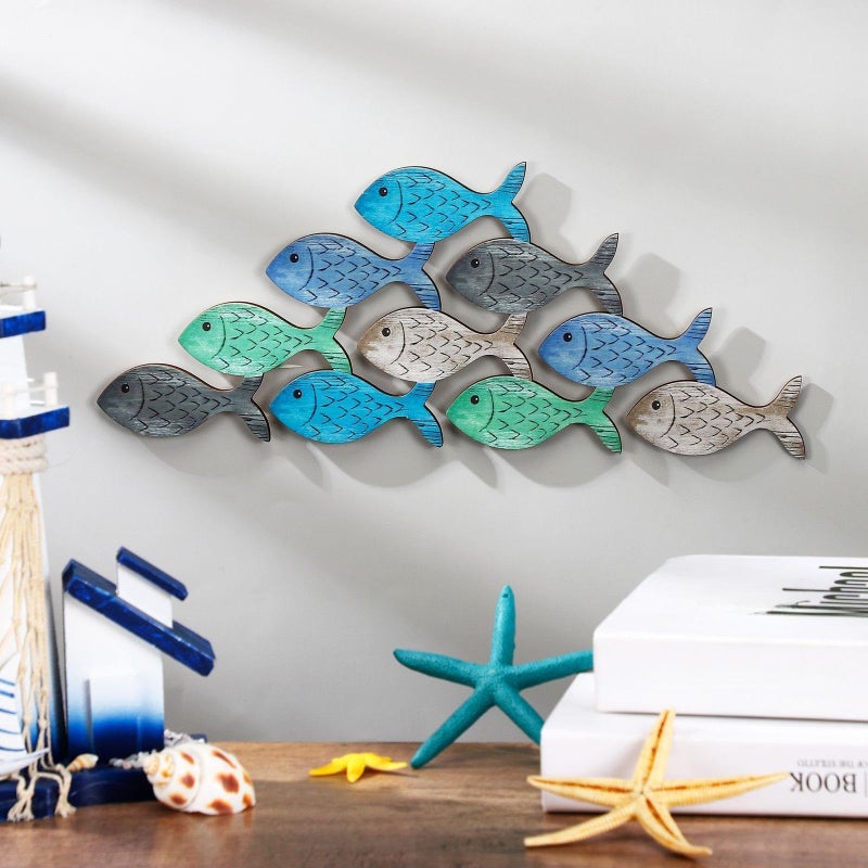 Qunclay Beach Wall Decor Wooden Coastal Fish Sign Ocean Themed Beach Decor School of Fish Art for Bathroom Home Indoor Outdoor 14.96 x 6.3 Inch(Lively) - Image 5