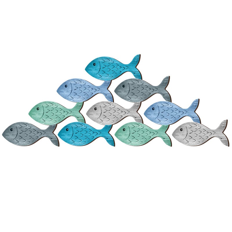 Qunclay Beach Wall Decor Wooden Coastal Fish Sign Ocean Themed Beach Decor School of Fish Art for Bathroom Home Indoor Outdoor 14.96 x 6.3 Inch(Lively) - Image 1