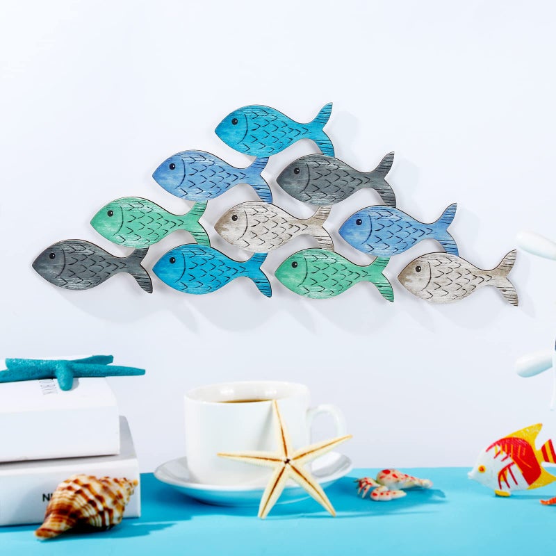 Qunclay Beach Wall Decor Wooden Coastal Fish Sign Ocean Themed Beach Decor School of Fish Art for Bathroom Home Indoor Outdoor 14.96 x 6.3 Inch(Lively) - Image 3