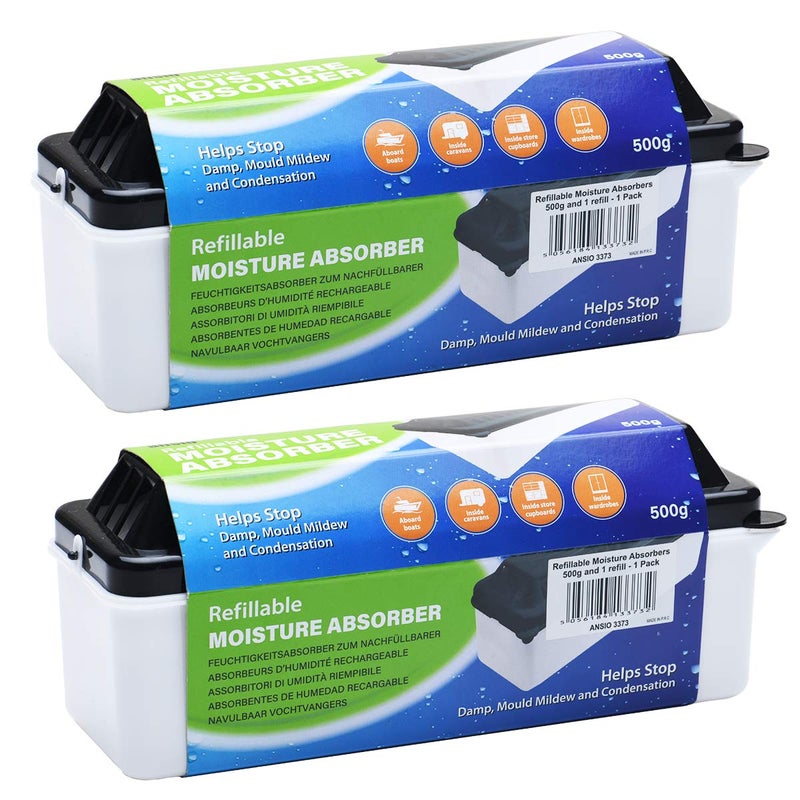 ANSIO Refillable Moisture Absorbers 500 grams Condensation Remover Dehumidifiers for Damp Mould Moisture in Home Kitchen Wardrobe Bedroom Caravan Office Garage Bathroom  Pack of 2