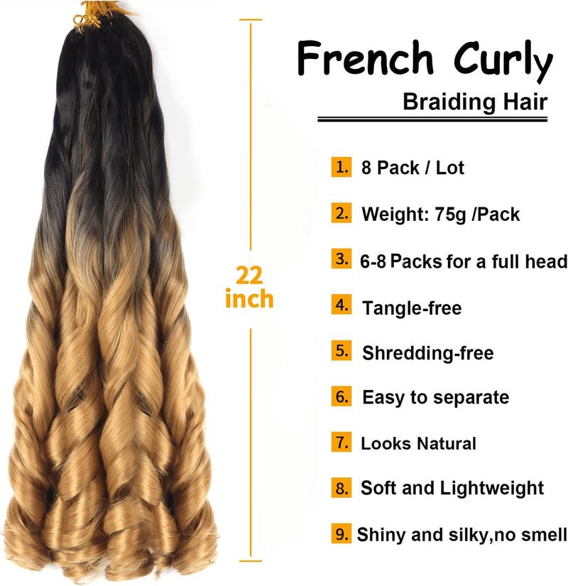 datanala French Curly Braiding Hair for Box Braids 22 Inch 8 Pack/Lot Loose Wave Crochet Hair Pre Stretched Braiding Hair with Curly Ends Spanish Curly Synthetic Spiral Curl Silky Braiding Hair (1B/27) - Image 2