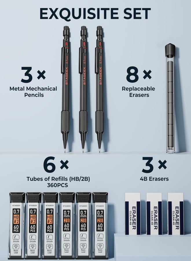 STAGEEK Metal Mechanical Pencils 0.7mm, with 6 Tubes (360PCS) HB & 2B Lead Refills 0.7, 3PCS Weatherproof Body Outdoor Artist Lead Pencils with Case, 4B Erasers, for Writing Drafting Drawing Sketching - Image 4