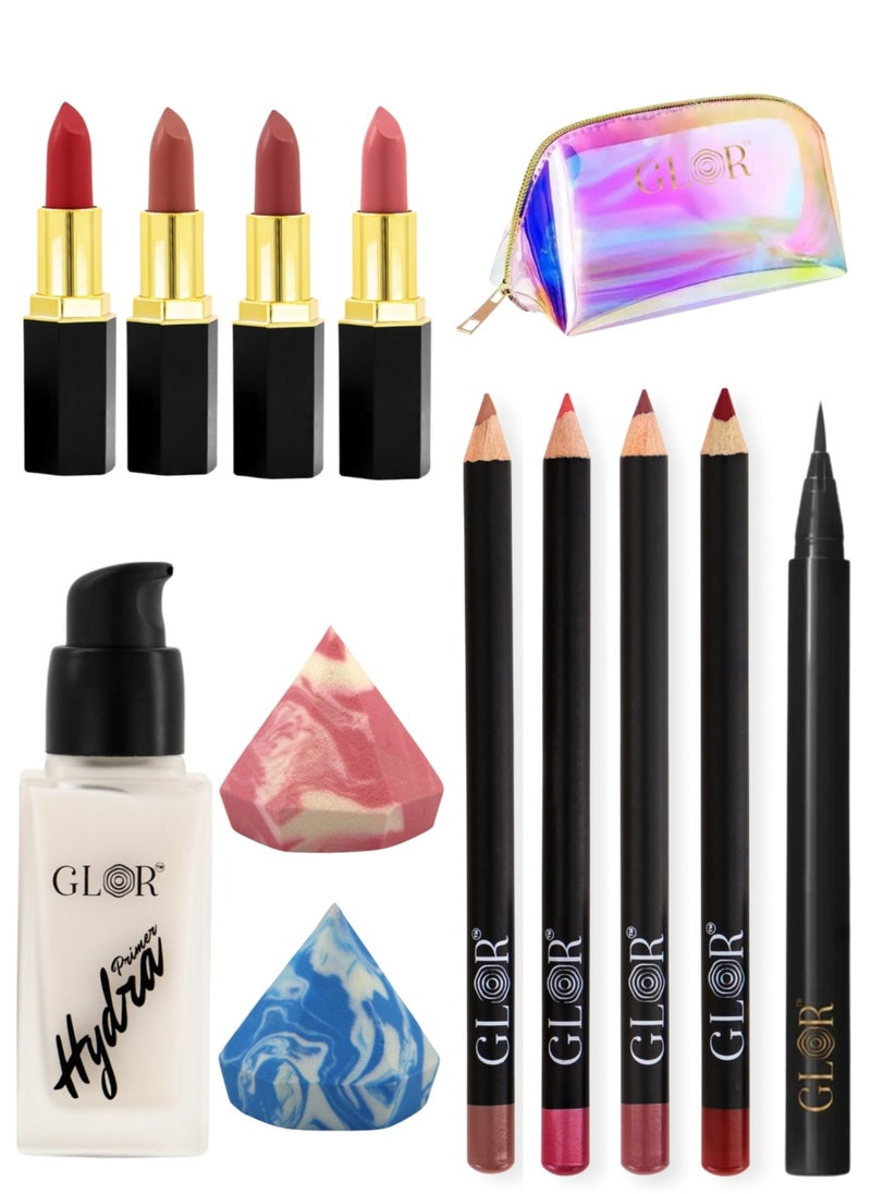 GLOR Glor Endless Charm Lipstick 4 Shades – Intense Long-Lasting Color, Luxurious Moisture, Ultra-Creamy Formula for Beautiful Lips  +   Glor Endless Charm Ultimate Precision Lip Liner - 4 Shades –Vegan, Allergen-Free, Long-Lasting Lip Definition +  Glor Face & Eye Hydration Primer  + Glor Precision Eyeliner +  Cosmetics Bag +  Beauty Blender  - Image 1