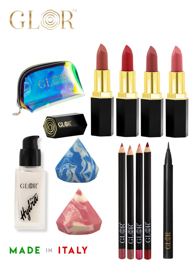 Glor Endless Charm Lipstick 4 Shades – Intense Long-Lasting Color, Luxurious Moisture, Ultra-Creamy Formula for Beautiful Lips  +   Glor Endless Charm Ultimate Precision Lip Liner - 4 Shades –Vegan, Allergen-Free, Long-Lasting Lip Definition +  Glor Face & Eye Hydration Primer  + Glor Precision Eyeliner +  Cosmetics Bag +  Beauty Blender - Image 1
