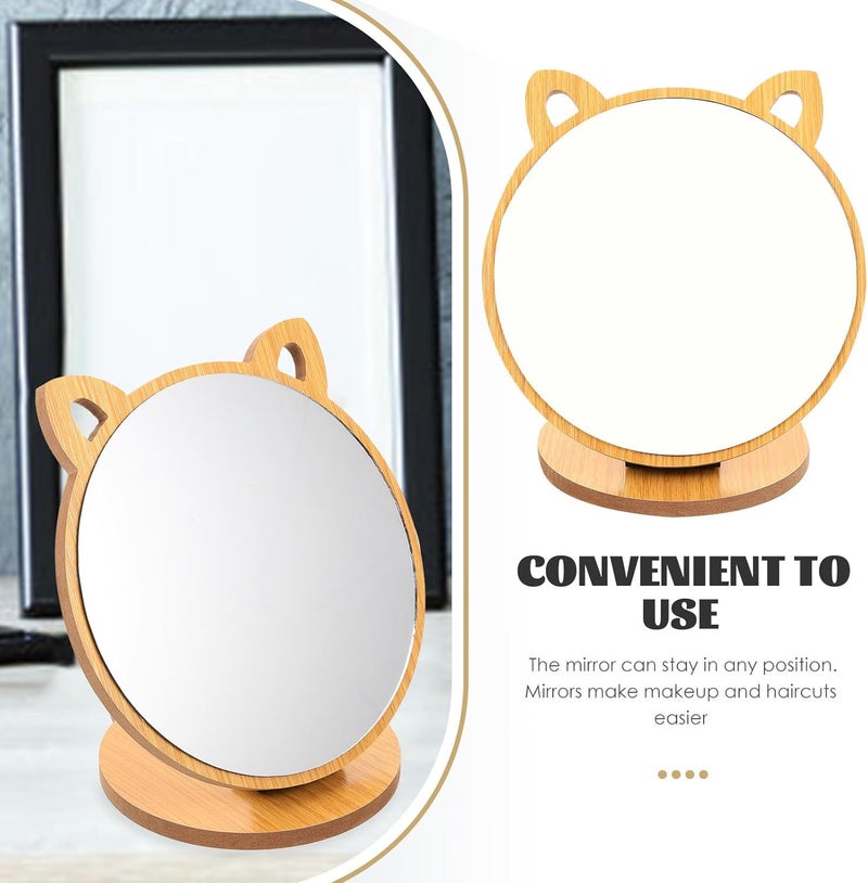 Wooden Decorative Makeup Mirror with Adorable Cat Design Desktop Foldable Cosmetic Mirror for Room Portable Tabletop for Travel and Daily Use - Image 3