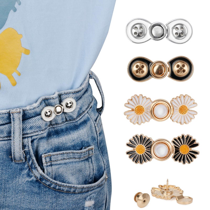 TOOVREN Pant Waist Tightener, Detachable Jean Buttons for Loose Jeans, No Sew and No Tools Button Pins for Jeans, Adjustable Jean Buttons Pins, Daisy Flower Instant Pants Button Tightener 4 Sets - Image 1