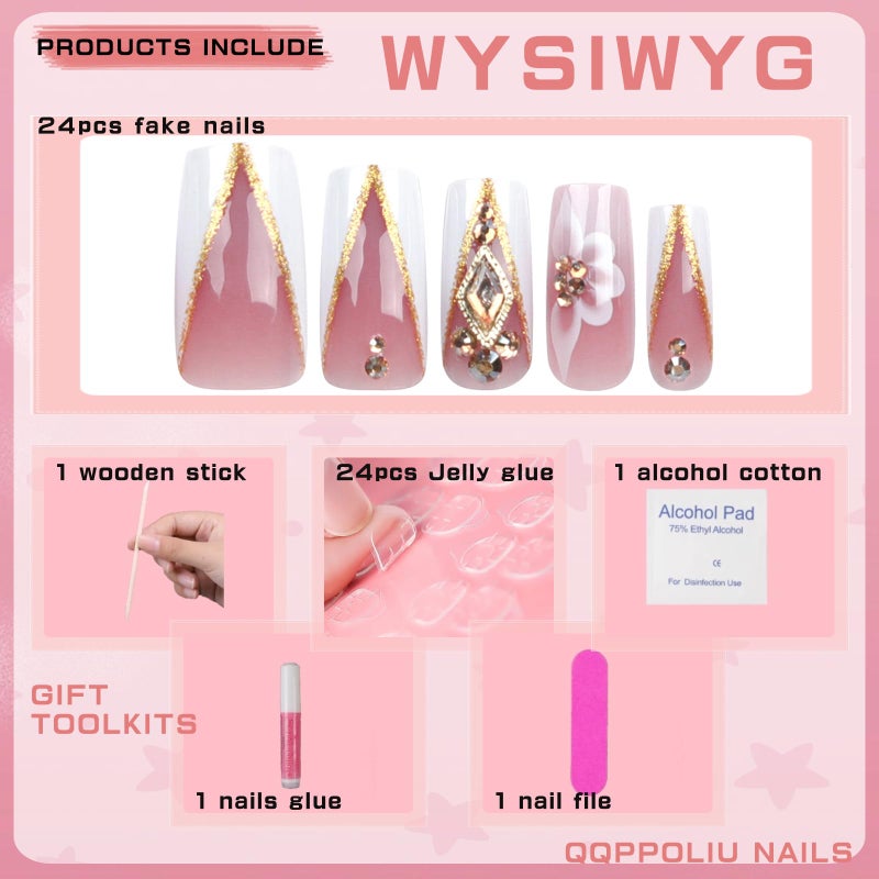 QQPPOLIU Nail Press Ons - French, Nude, Flower & Rhinestone Designs - Long, Medium, Coffin, Square, 3D, Glitter, Fake Nails - 24pcs - Image 2
