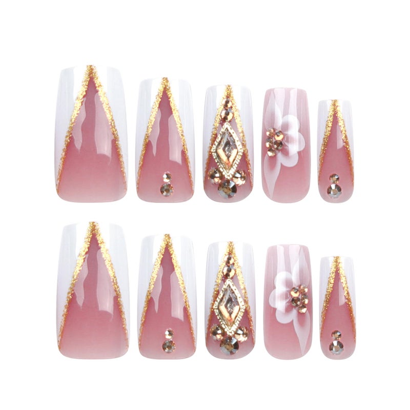 QQPPOLIU Nail Press Ons - French, Nude, Flower & Rhinestone Designs - Long, Medium, Coffin, Square, 3D, Glitter, Fake Nails - 24pcs - Image 4