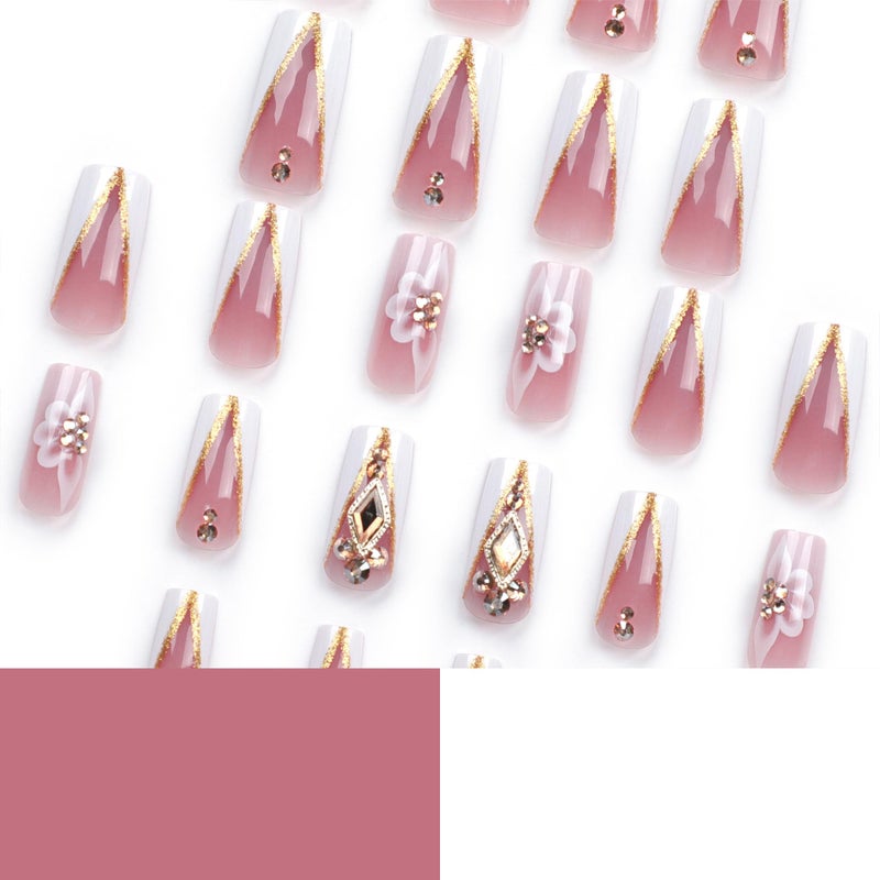 QQPPOLIU Nail Press Ons - French, Nude, Flower & Rhinestone Designs - Long, Medium, Coffin, Square, 3D, Glitter, Fake Nails - 24pcs - Image 5