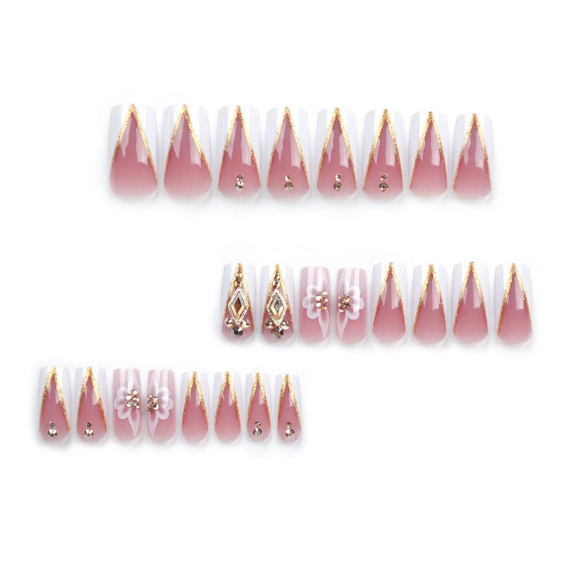 QQPPOLIU Nail Press Ons - French, Nude, Flower & Rhinestone Designs - Long, Medium, Coffin, Square, 3D, Glitter, Fake Nails - 24pcs - Image 3