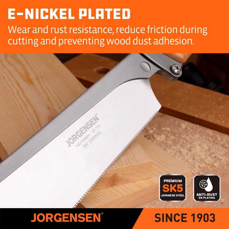 JORGENSEN Japanese Pull Saw, 9.5 Inch Pro Folding Dovetail Saw with Beech Wood Long handle, SK5 Steel Blade Tool-less Quick Change, 21TPI Cross Cut Woodworking Handsaw for Hardwood, Softwood - Image 4
