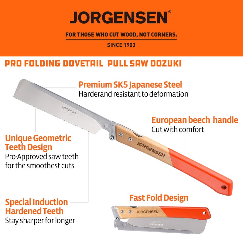 JORGENSEN Japanese Pull Saw, 9.5 Inch Pro Folding Dovetail Saw with Beech Wood Long handle, SK5 Steel Blade Tool-less Quick Change, 21TPI Cross Cut Woodworking Handsaw for Hardwood, Softwood - Image 2