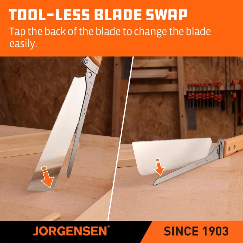 JORGENSEN Japanese Pull Saw, 9.5 Inch Pro Folding Dovetail Saw with Beech Wood Long handle, SK5 Steel Blade Tool-less Quick Change, 21TPI Cross Cut Woodworking Handsaw for Hardwood, Softwood - Image 5