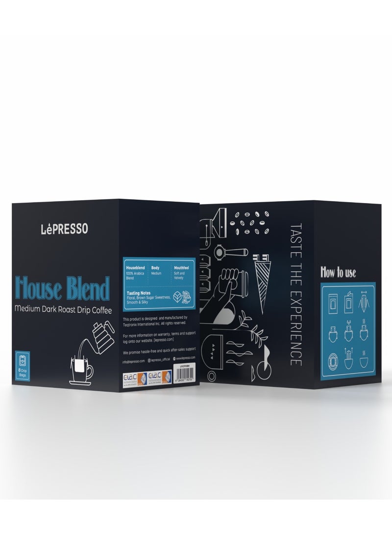 House Blend Speciality Drip Coffee Single Serve Pour Over, Medium Body, Floral, Brown Sugar Sweetness Notes, 8 Bags