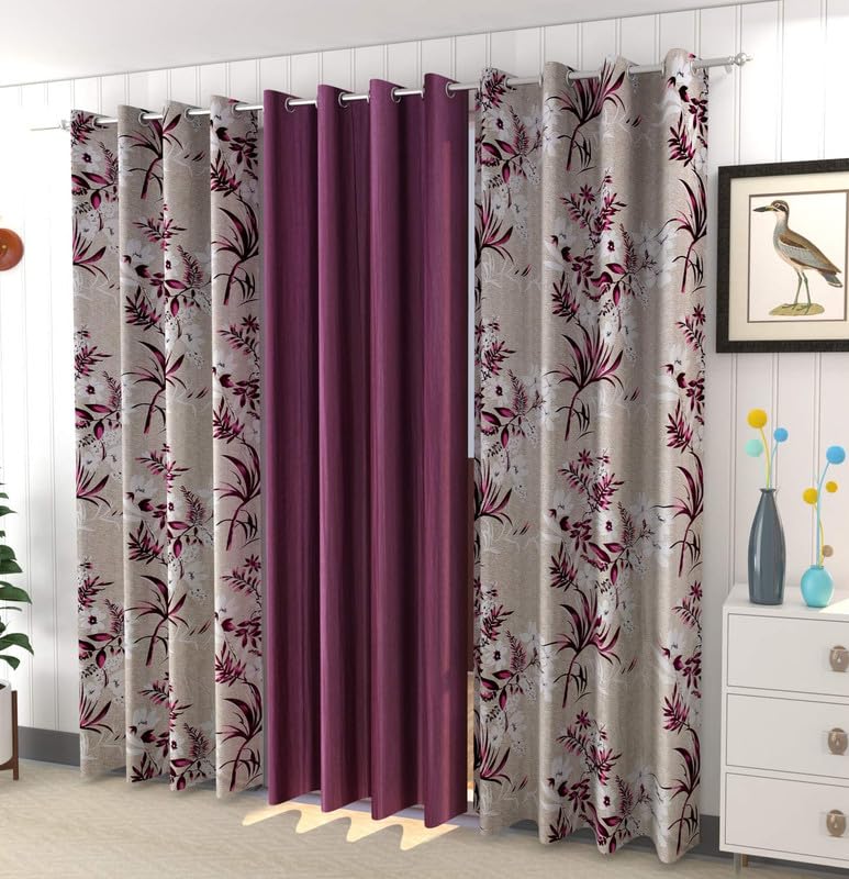 YNYC YNYC Latest Blossom Curtains for Window 5 Feet Window 85 Blackout Curtain Premium Polyester Curtains for Living Room Bedroom Home Office Screens Set of 3 Wine - Image 1