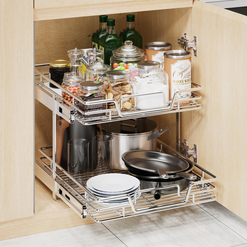 QUYUWU 2-Tier Kitchen Cabinet Pull Out Shelf and Drawer Organizer Slide Out Pantry Storaqe Basket in Multiple Sizes (18" W x 21" D) - Image 5