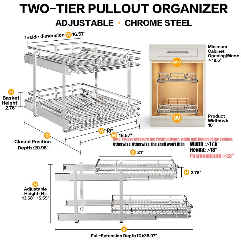 QUYUWU 2-Tier Kitchen Cabinet Pull Out Shelf and Drawer Organizer Slide Out Pantry Storaqe Basket in Multiple Sizes (18" W x 21" D) - Image 2