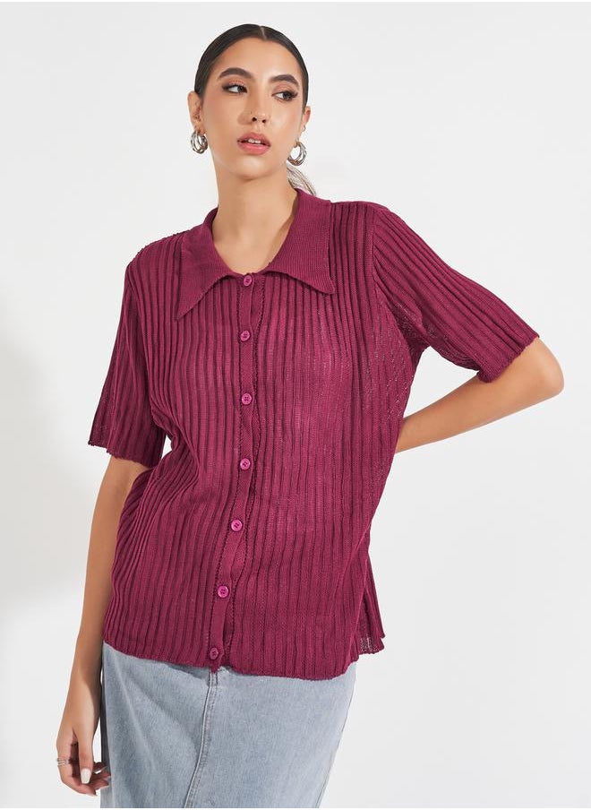 Styli Ribbed Knit Relaxed Fit Short Sleeves Shirt  - Image 1