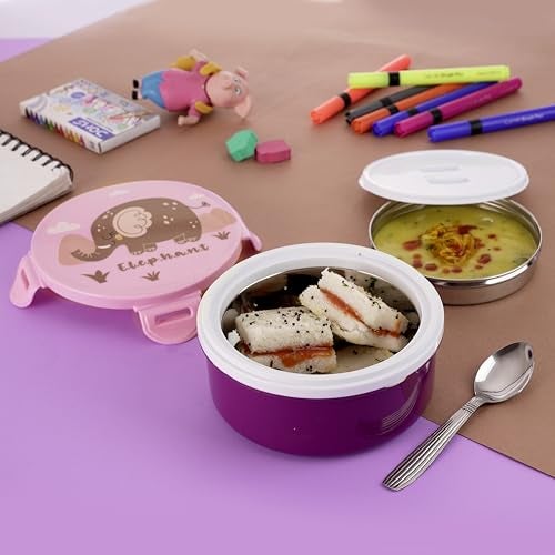 Liza Tasty Bites Stainless Steel Lunch Box with Spoon | 380ml Leak-Proof Lightweight Tiffin Box for Kids & Office | Outer Plastic + Inner Steel | Purple - Image 2