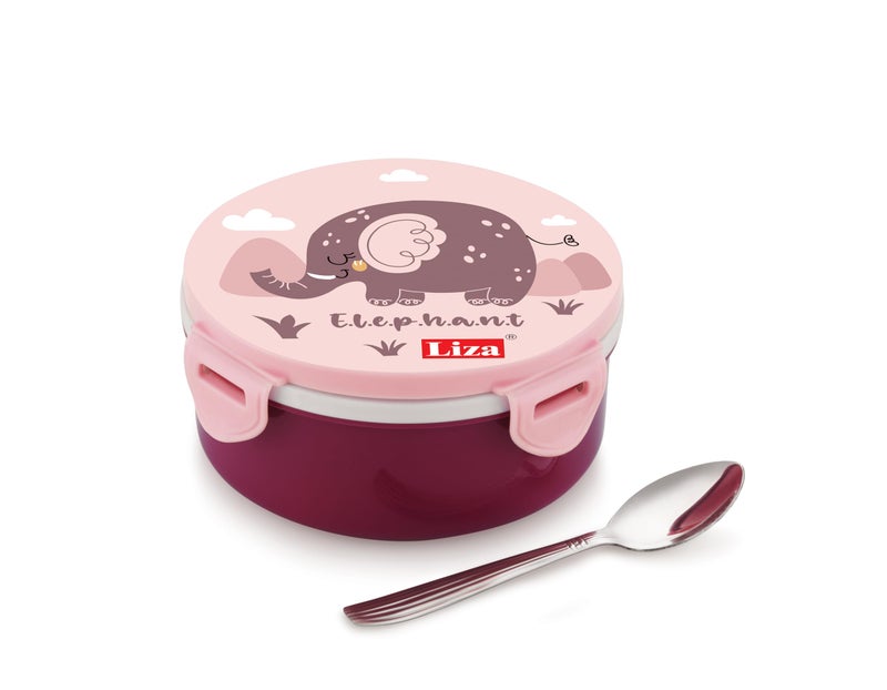 Liza Tasty Bites Stainless Steel Lunch Box with Spoon | 380ml Leak-Proof Lightweight Tiffin Box for Kids & Office | Outer Plastic + Inner Steel | Purple - Image 1