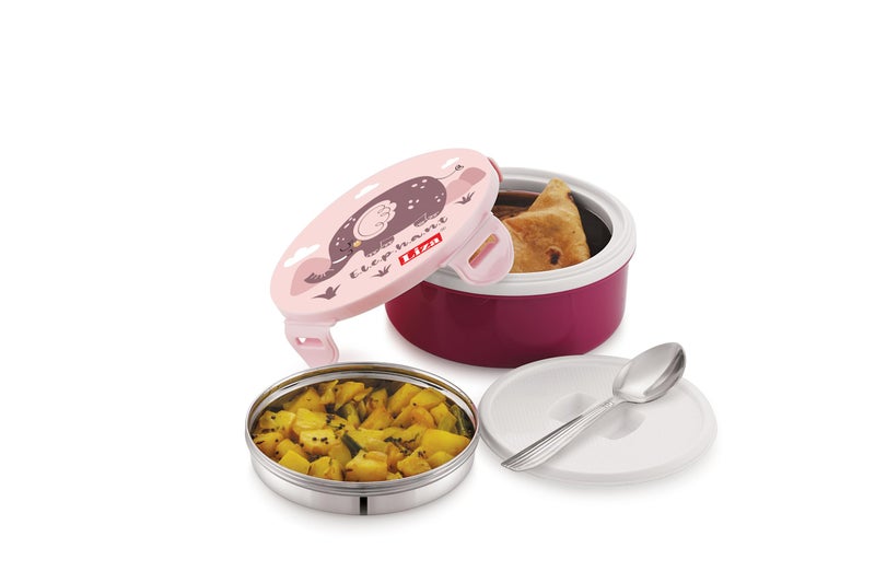 Liza Tasty Bites Stainless Steel Lunch Box with Spoon | 380ml Leak-Proof Lightweight Tiffin Box for Kids & Office | Outer Plastic + Inner Steel | Purple - Image 4