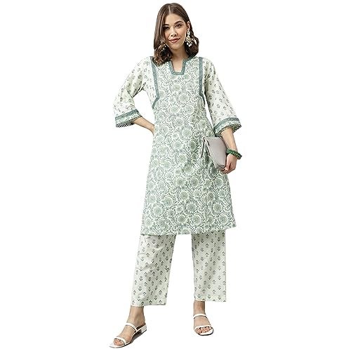 FIORRA Women's Mint Green Pure Cotton A-line Kurta with Pant SET0100 - Image 1