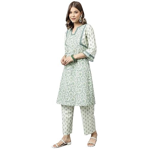 FIORRA Women's Mint Green Pure Cotton A-line Kurta with Pant SET0100 - Image 2