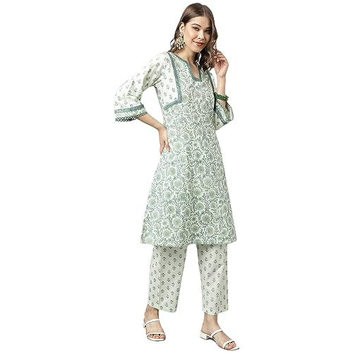 FIORRA Women's Mint Green Pure Cotton A-line Kurta with Pant SET0100 - Image 3