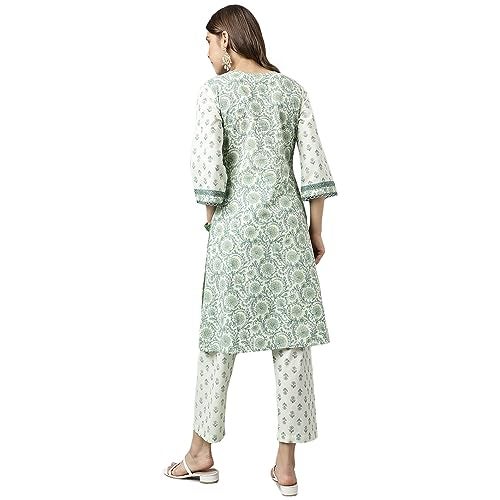 FIORRA Women's Mint Green Pure Cotton A-line Kurta with Pant SET0100 - Image 4