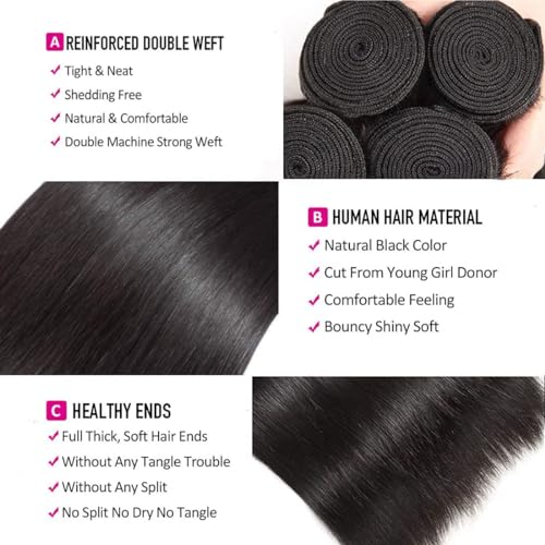 WOWQUEEN Brazilian Straight Human Hair 4 Bundles 10 12 14 16 Inch 100% Unprocessed Virgin Straight Weave Bundles Human Hair - Image 3