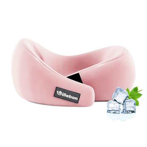 Billebon Gel Infused Memory Foam Neck Pillow, Travel Pillow with Adjustable Velcro Straps, Neck Pillow for Travelling & Flight Travel, Ergonomic Support for Comfort & Pain Relief (Pink) - Image 1