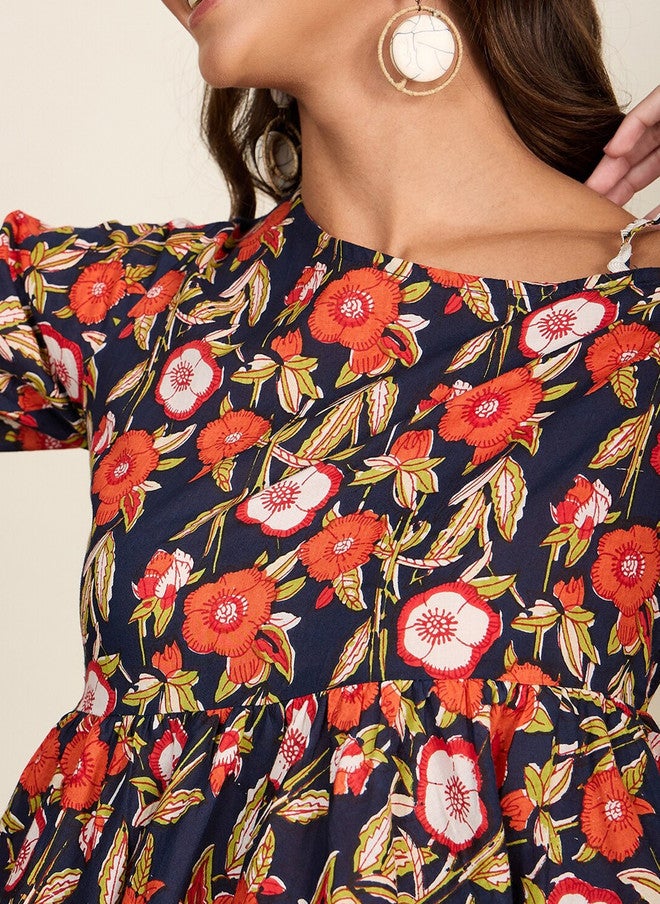 WineRed Navy Floral Print Cold-Shoulder A-Line Top for Women - Image 2
