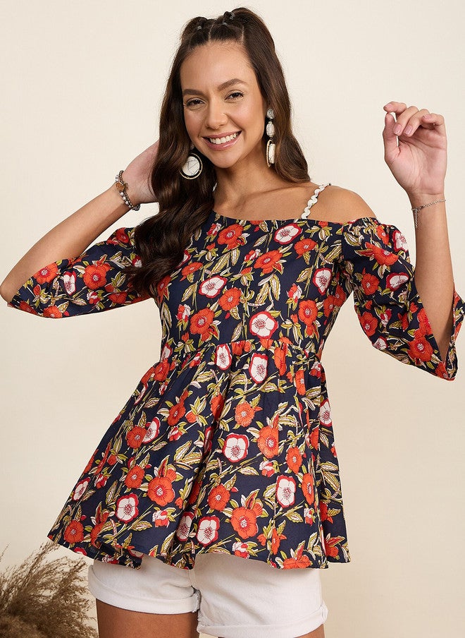 WineRed Navy Floral Print Cold-Shoulder A-Line Top for Women - Image 1