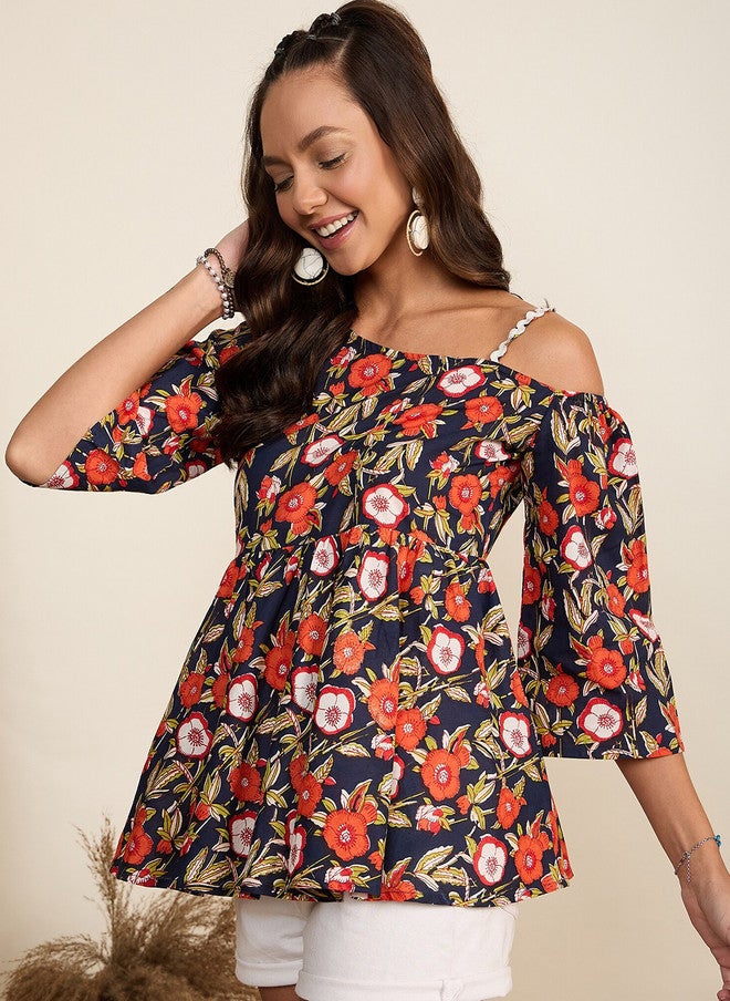 WineRed Navy Floral Print Cold-Shoulder A-Line Top for Women - Image 3