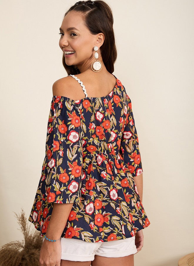 WineRed Navy Floral Print Cold-Shoulder A-Line Top for Women - Image 4