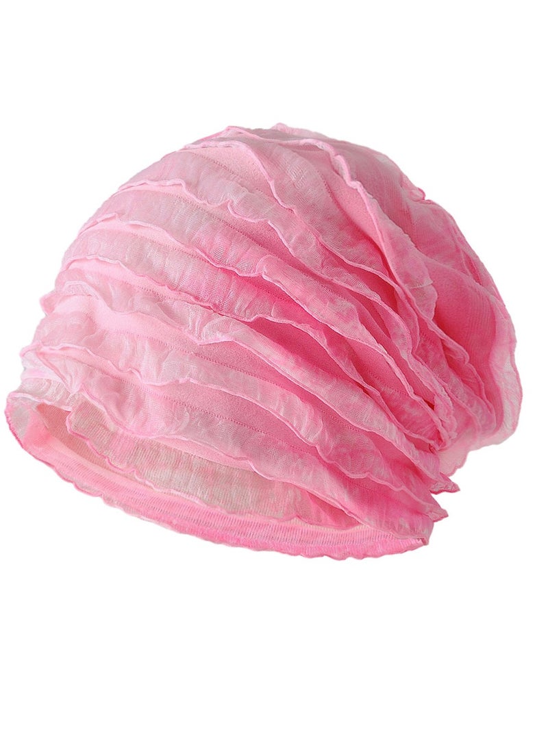 Loquat Infinity Scarf Headwear Cap Multi Layered Pleated Beanie Hat Gradient Rose Pink 