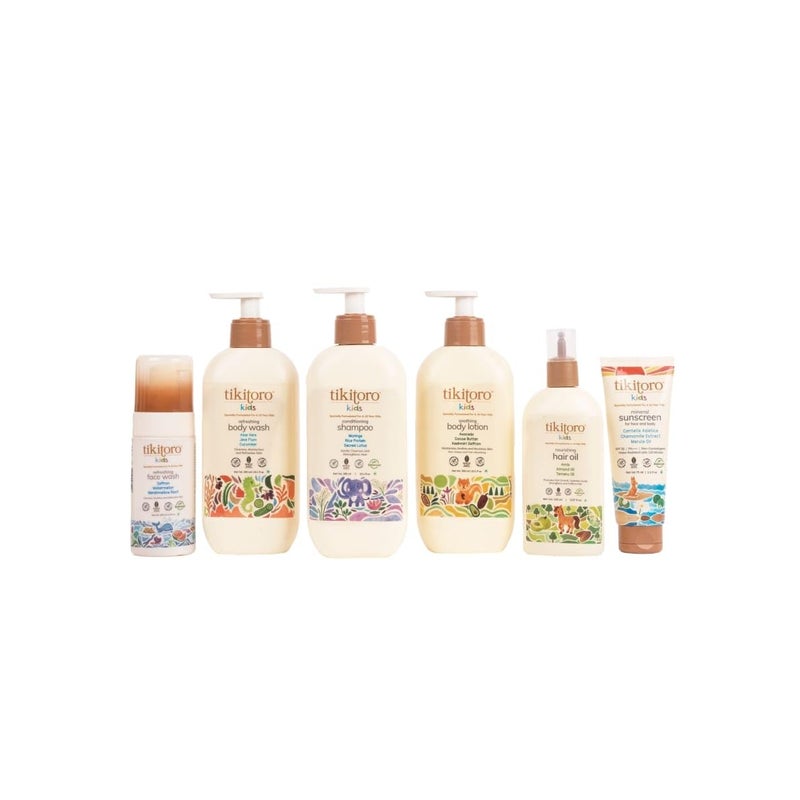 Tikitoro Kids Total Care Combo With Refreshing Body Wash Conditioning Shampoo Soothing Body Lotion Refreshing Face Wash Nourishing Hair Oil  Mineral Sunscreen With SPF 30 Age 4 Pack of 6 - Image 1