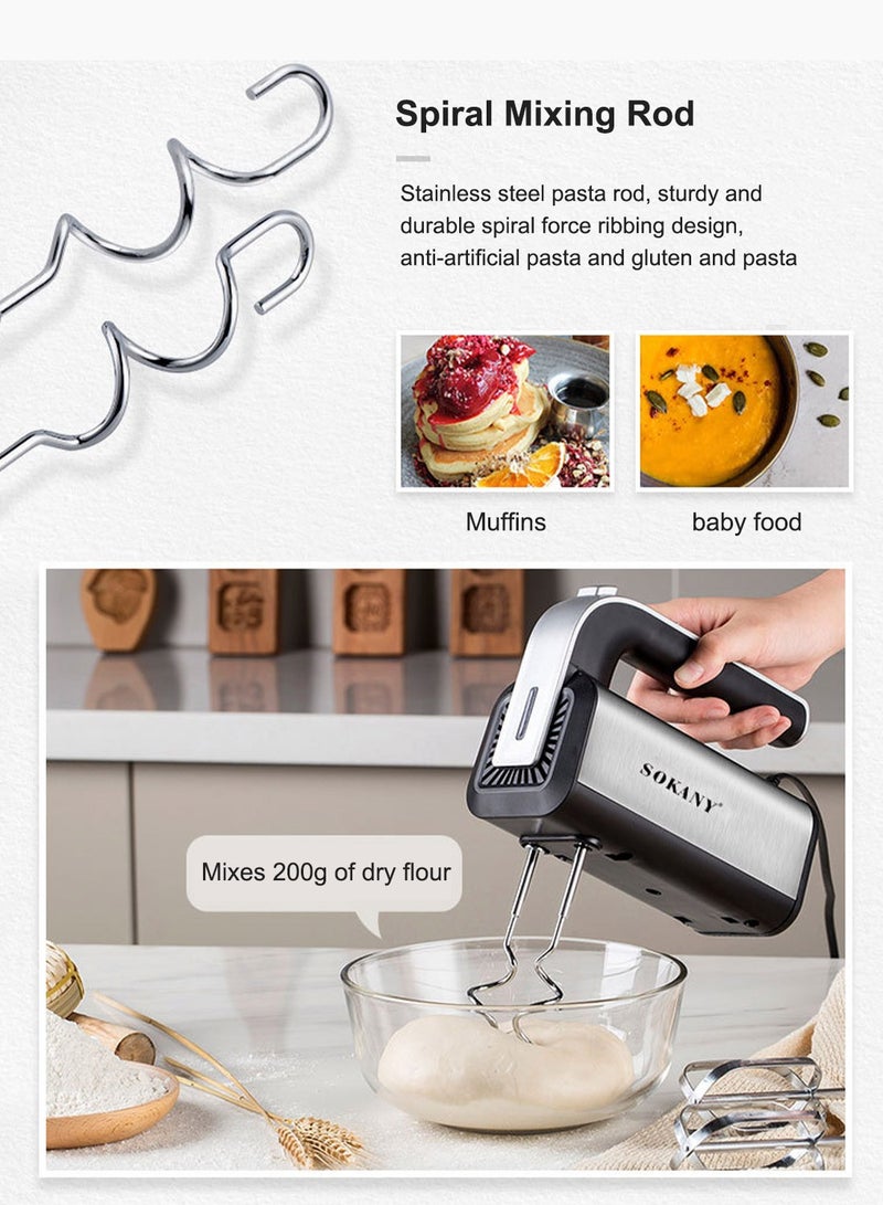 سوكاني خلاط يدوي، خلاط يدوي بقوة 800 واط، 5 سرعات بالإضافة إلى توربو، خلاط يدوي كهربائي مع 4 ملحقات من الفولاذ المقاوم للصدأ (2 مضرب، 2 خطاف للعجين)، أسود - Image 2