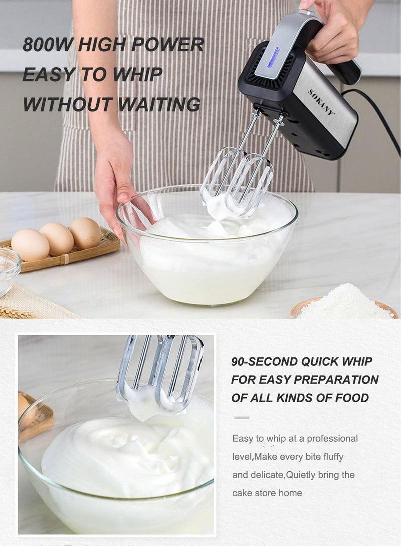 سوكاني خلاط يدوي، خلاط يدوي بقوة 800 واط، 5 سرعات بالإضافة إلى توربو، خلاط يدوي كهربائي مع 4 ملحقات من الفولاذ المقاوم للصدأ (2 مضرب، 2 خطاف للعجين)، أسود - Image 3