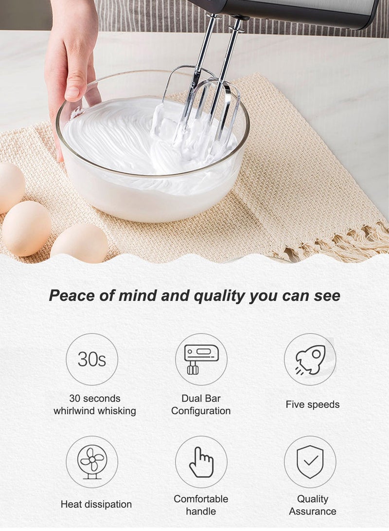 سوكاني خلاط يدوي، خلاط يدوي بقوة 800 واط، 5 سرعات بالإضافة إلى توربو، خلاط يدوي كهربائي مع 4 ملحقات من الفولاذ المقاوم للصدأ (2 مضرب، 2 خطاف للعجين)، أسود - Image 5