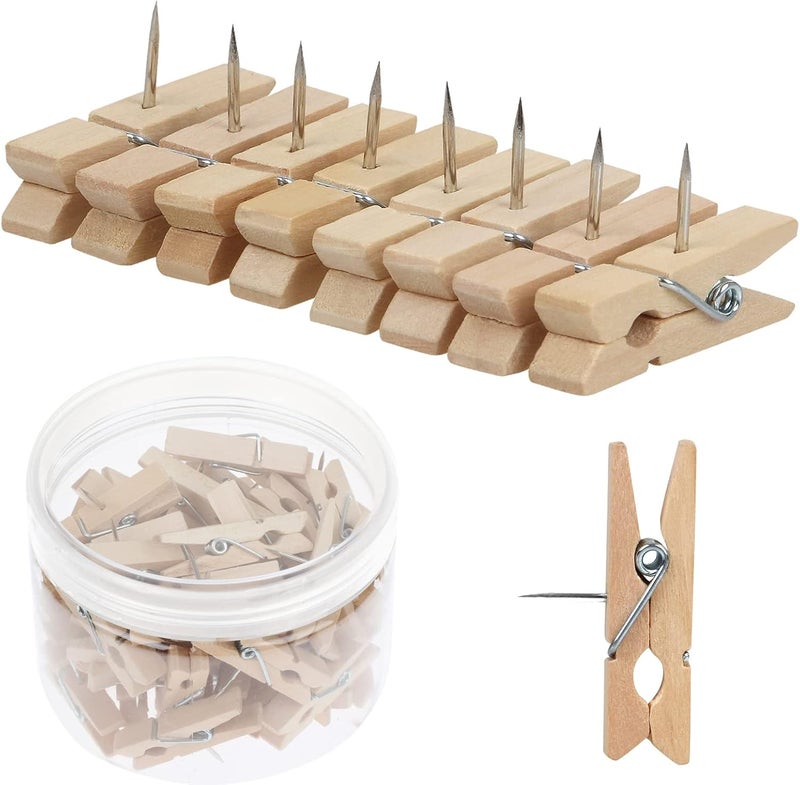 Joyberg 50 PCS Push Pin with Wooden Clips, Durable Wooden Push Pins, Decorative Pushpins Tacks Thumbtacks, Tacks for Cork Board Artworks Notes Photos, Craft Projects, Offices and Homes (Burlywood) - Image 1