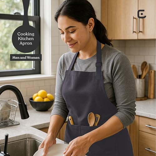 CRASOME Apron for Kitchen | Unisex Cooking Apron with 2 Pockets and Adjustable Straps | Apron for Chef, Hotel, Cafe, Restaurant, Gardening, Workshop (Grey Pack of 2) - Image 5