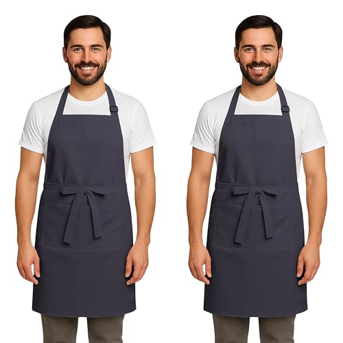 CRASOME Apron for Kitchen | Unisex Cooking Apron with 2 Pockets and Adjustable Straps | Apron for Chef, Hotel, Cafe, Restaurant, Gardening, Workshop (Grey Pack of 2) - Image 1