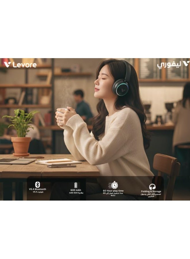سماعات رأس لاسلكية بلوتوث فوق الأذن Levore LHB62-BK مع إلغاء الضوضاء النشط، صوت جهير عميق، 40 ساعة تشغيل، ميكروفون مدمج - أسود - Image 3