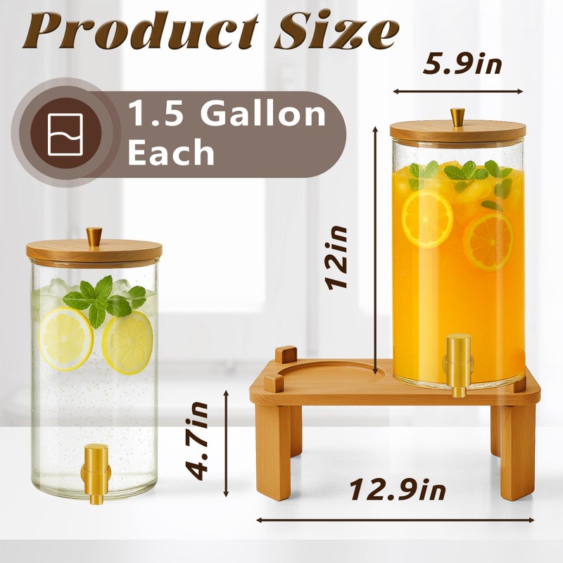 VERSSURE 2PCS Drink Dispenser, 1.5 Gallon Each Glass Beverage Dispenser with Wood Stand and Stainless Steel Faucet Ideal for Juice, Lemonade, and Tea,Large Drink Dispenser for Parties and Home Use - Image 3