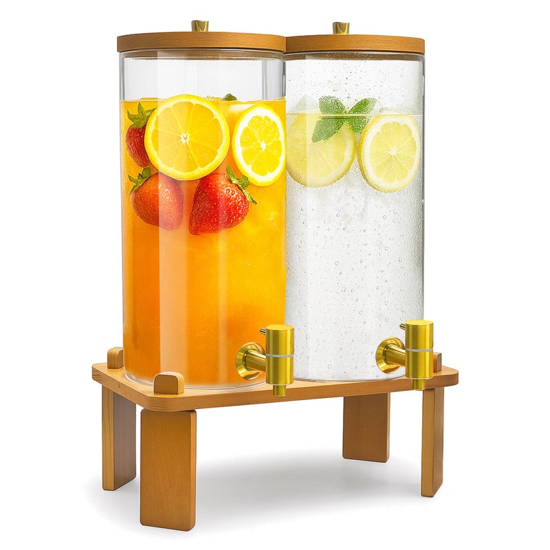VERSSURE 2PCS Drink Dispenser, 1.5 Gallon Each Glass Beverage Dispenser with Wood Stand and Stainless Steel Faucet Ideal for Juice, Lemonade, and Tea,Large Drink Dispenser for Parties and Home Use - Image 1