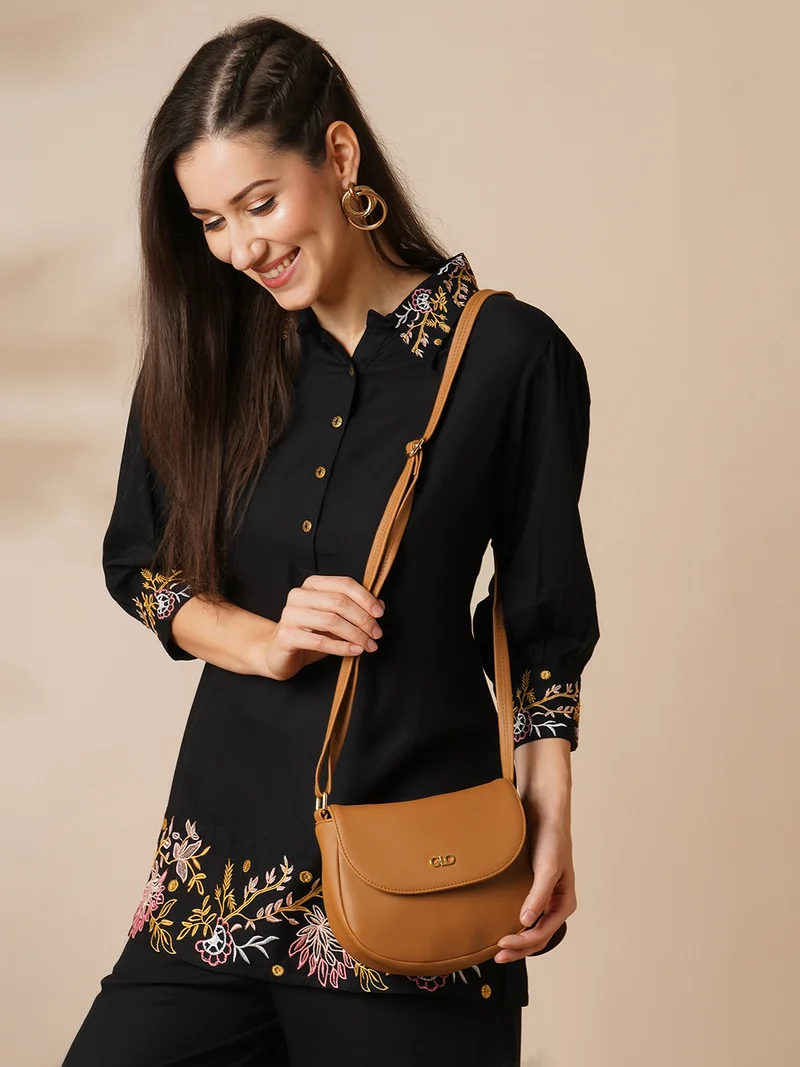 globus Globus Women Tan Vegan Leather Textured Moon Shape Sling Bag With Adjustable Strap